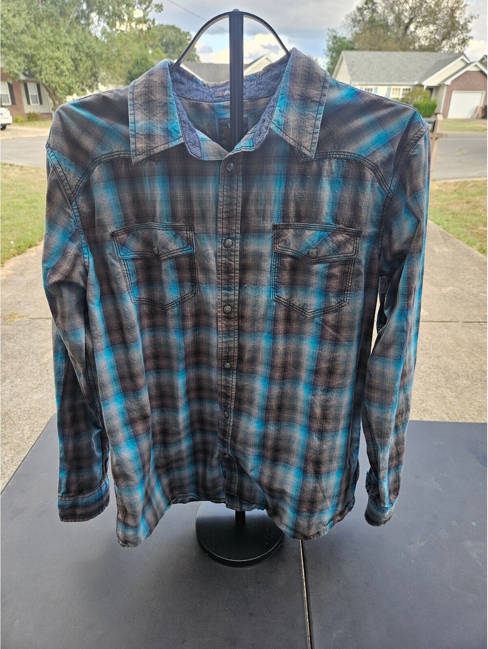 Men's Moon Shine Spirit Long Sleeve Snap Button Shirt Blue Aqua Gray Size Large